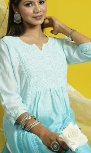 Chanderi Chikankari Long Kalidaar Kurti